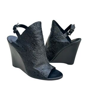 Balenciaga Patent Slingback Wedge Sandals Crinkled Black Leather